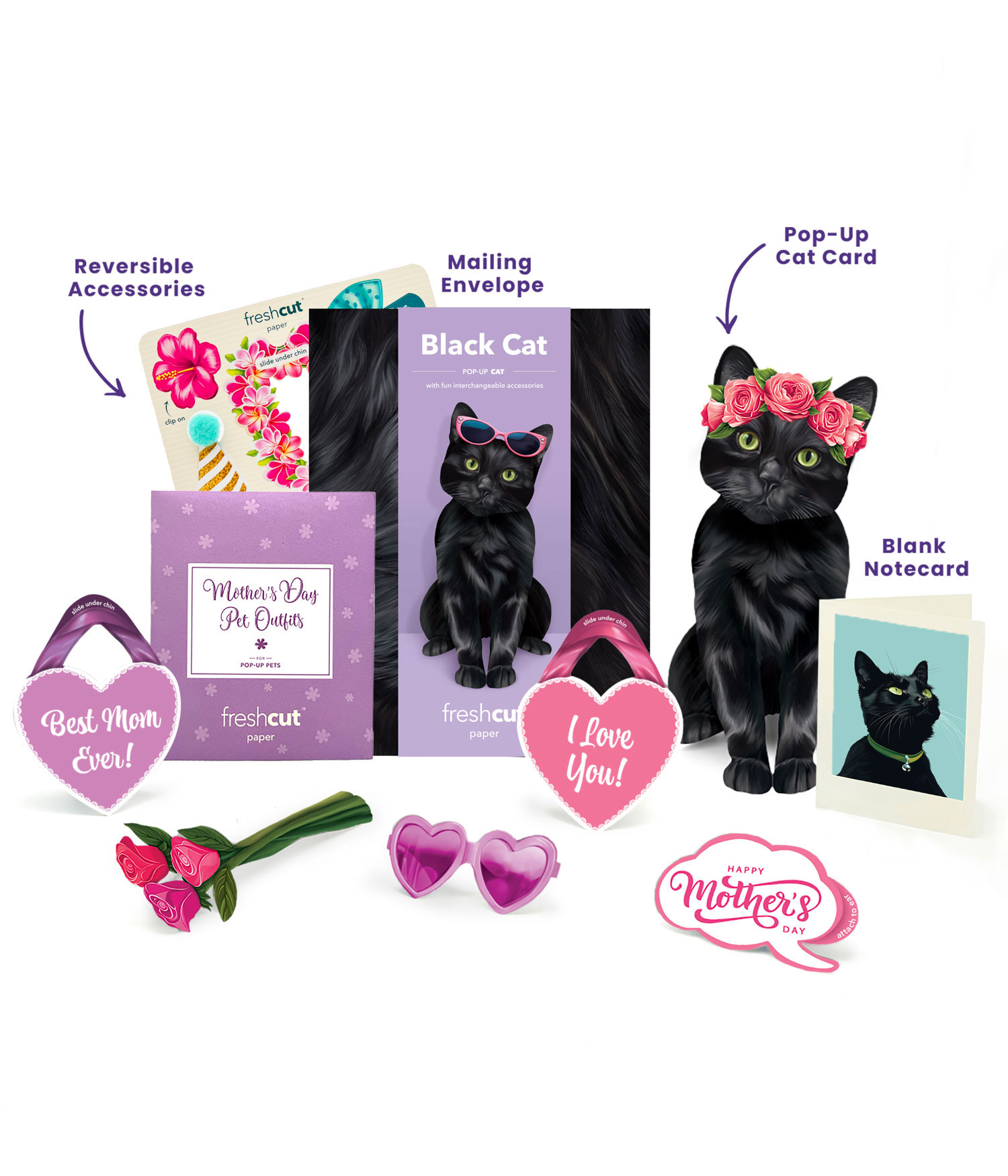 Black cat pop-up card with accessories and Mother's Day themed items.
