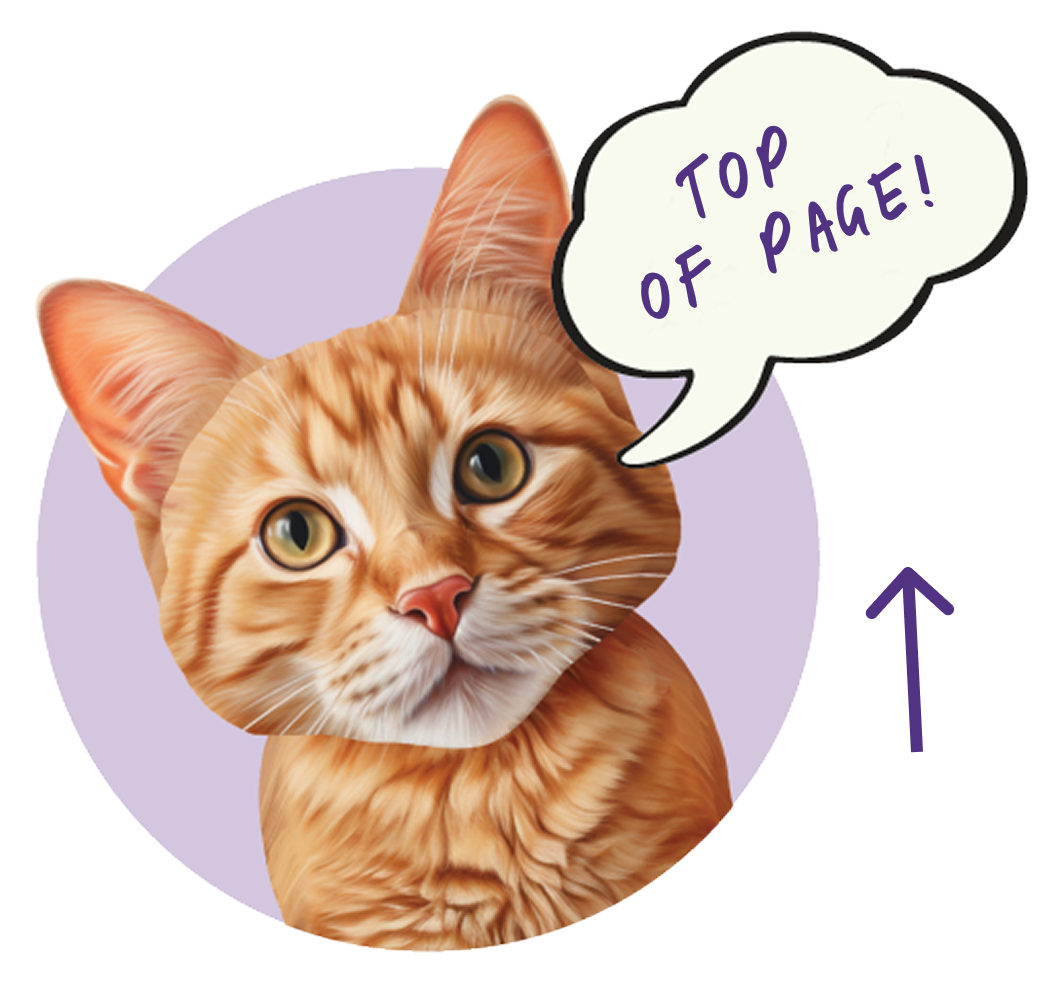 Illustration of a cat with a speech bubble saying 'Top of Page' and an arrow pointing up.