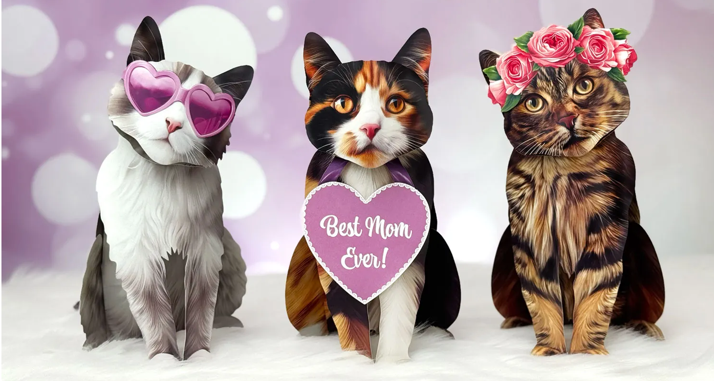 Three cat figurines with heart glasses, heart sign, and flower crown.