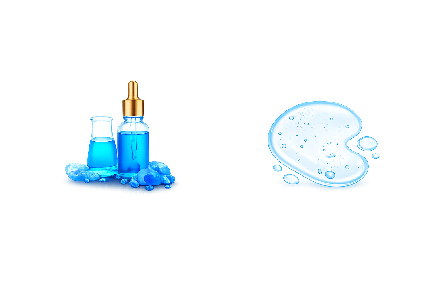 A dropper bottle and beaker with blue liquid, next to a swatch of clear, bubbly gel.