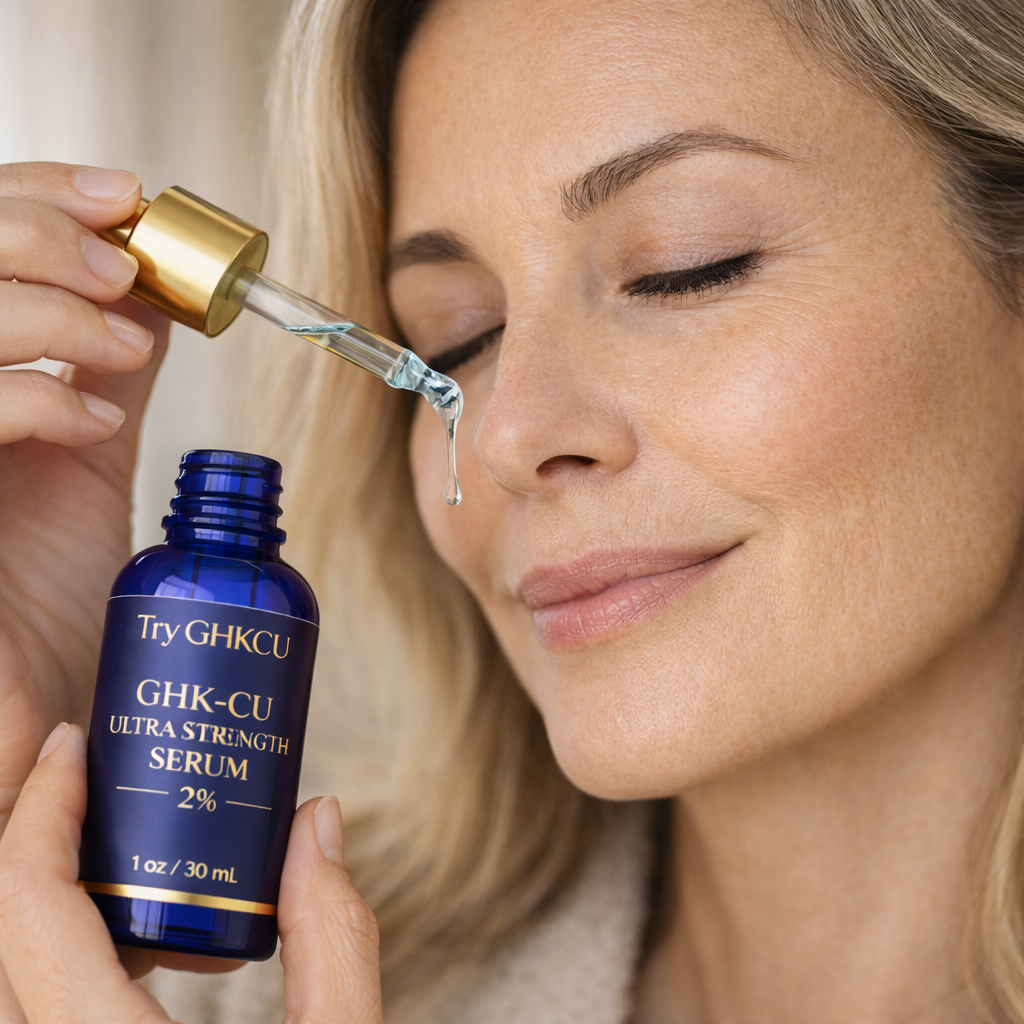 A woman with her eyes closed holds a blue bottle of serum and a dropper with a drop falling.