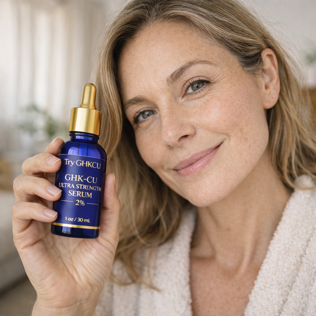 A smiling woman in a robe holds a blue bottle of GHK-CU Ultra Strength Serum.