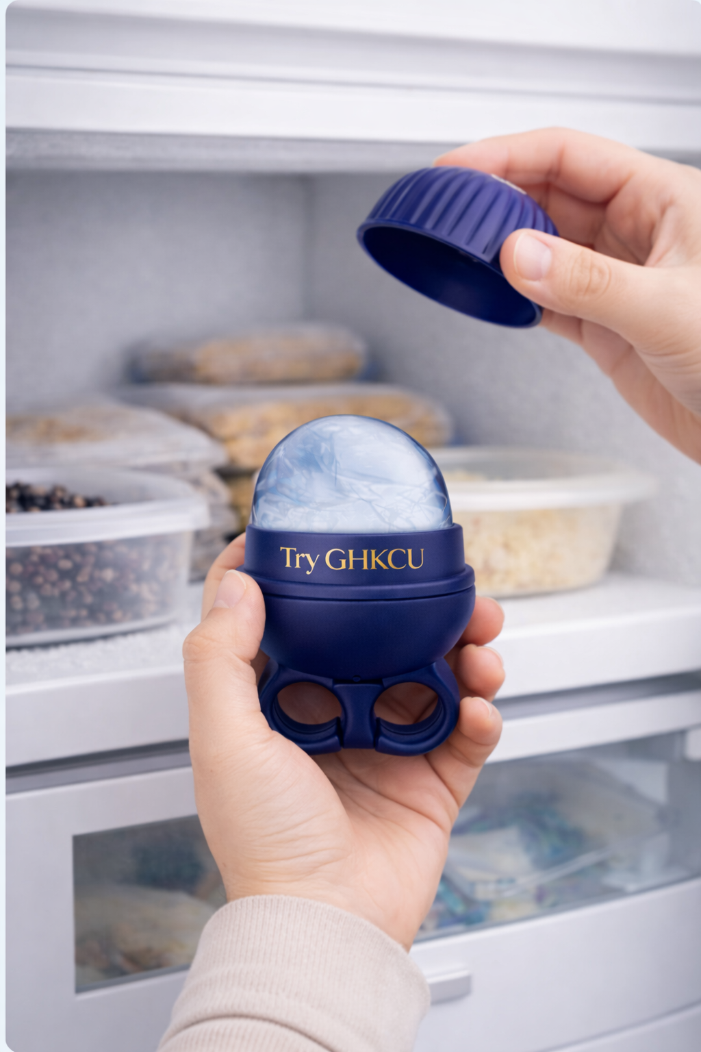 A person's hands open a blue spherical ice roller in front of a freezer.