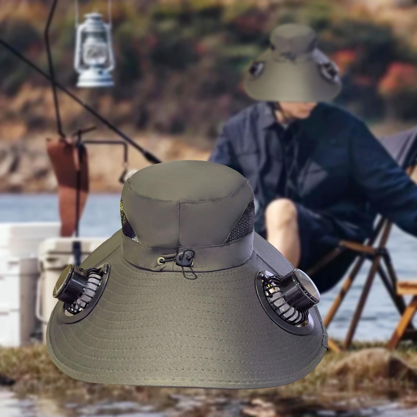 Wide-brim hat with fans on the sides, outdoors scene in background.