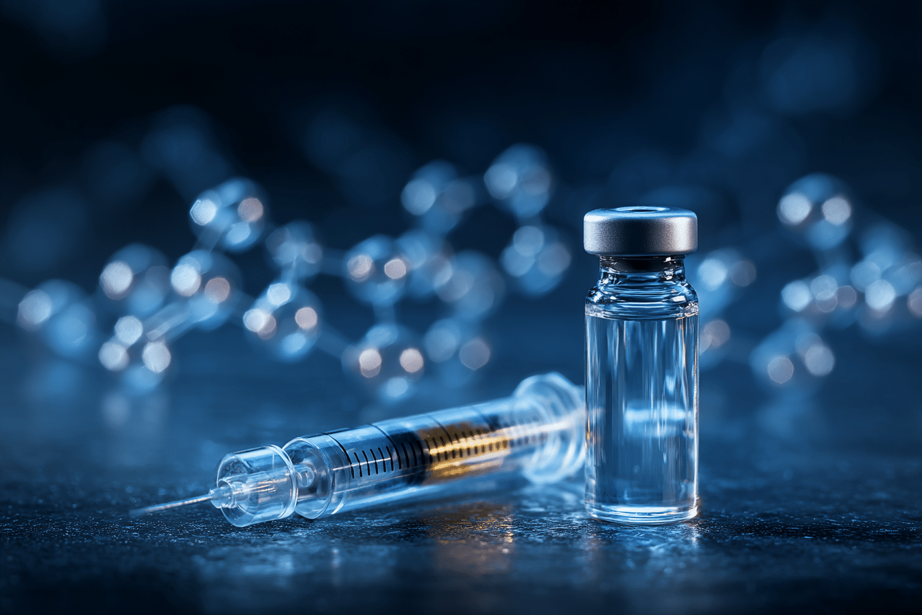 A woman with her eyes closed holds a blue bottle of serum and a dropper with a drop falling.