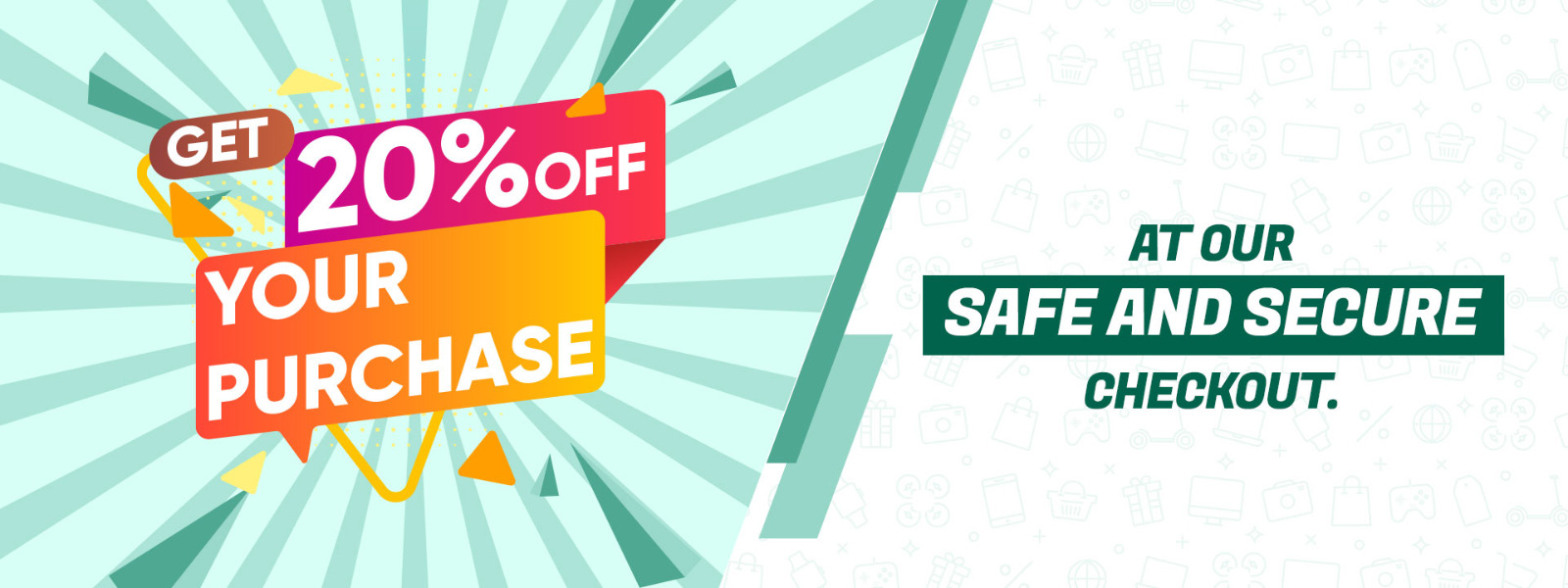 Colorful banner offering 20% off your purchase with safe and secure checkout message.