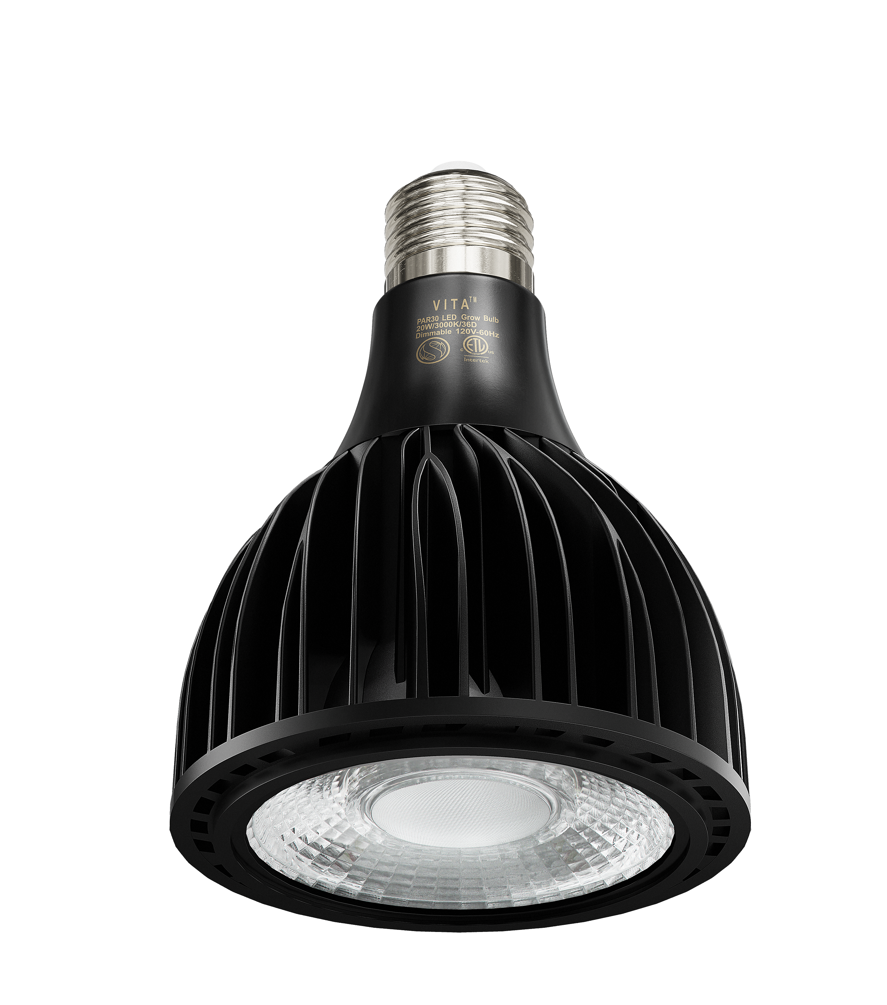 Black LED light bulb with a metallic base on a green background.