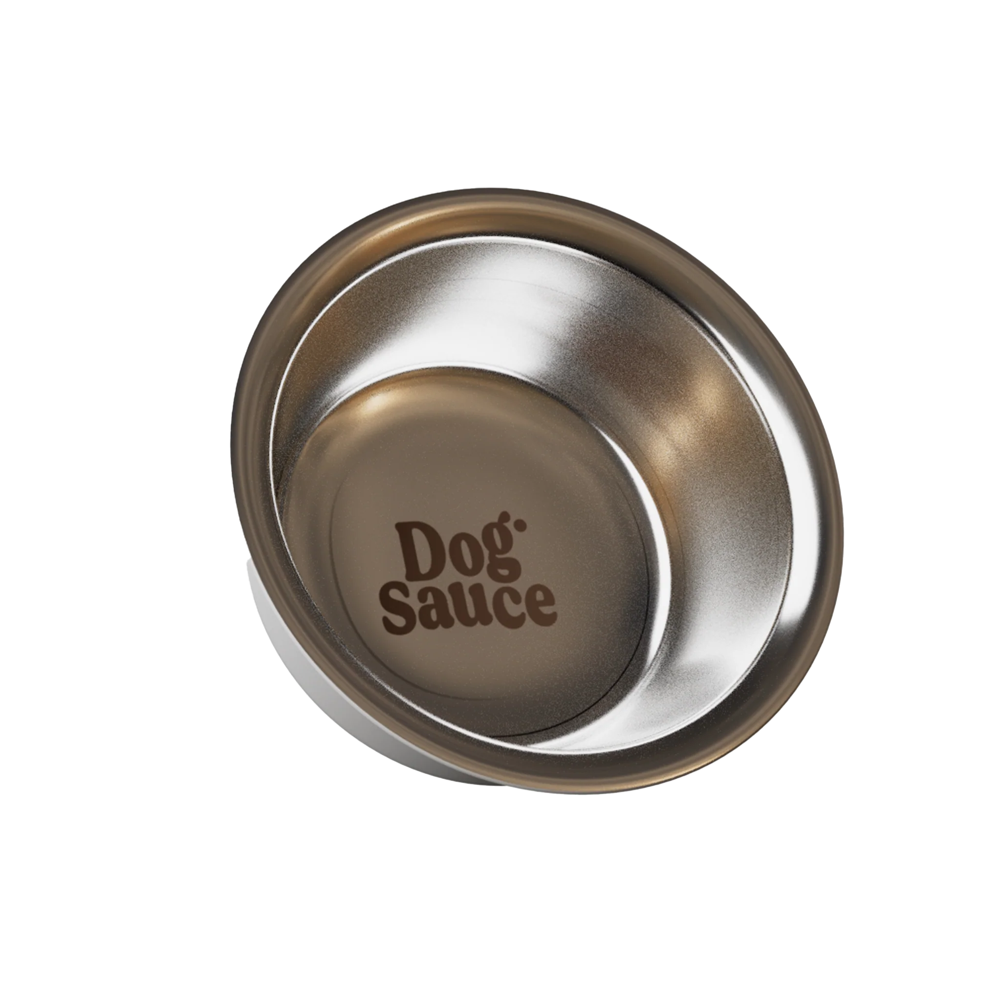 Silver dog bowl with 'Dog Sauce' text inside on a gray background.