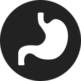 White stomach icon on a black circular background.
