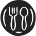 Icon of a fork and spoon inside a circle.