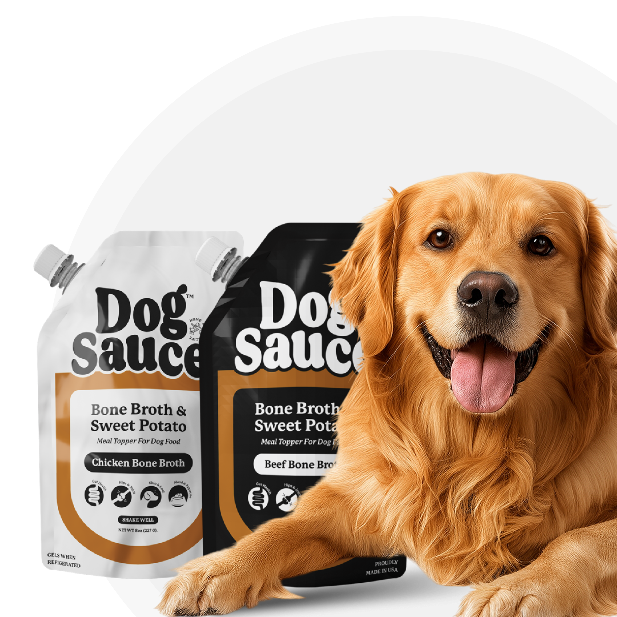 Golden retriever next to Dog Sauce bone broth pouches with paw prints.