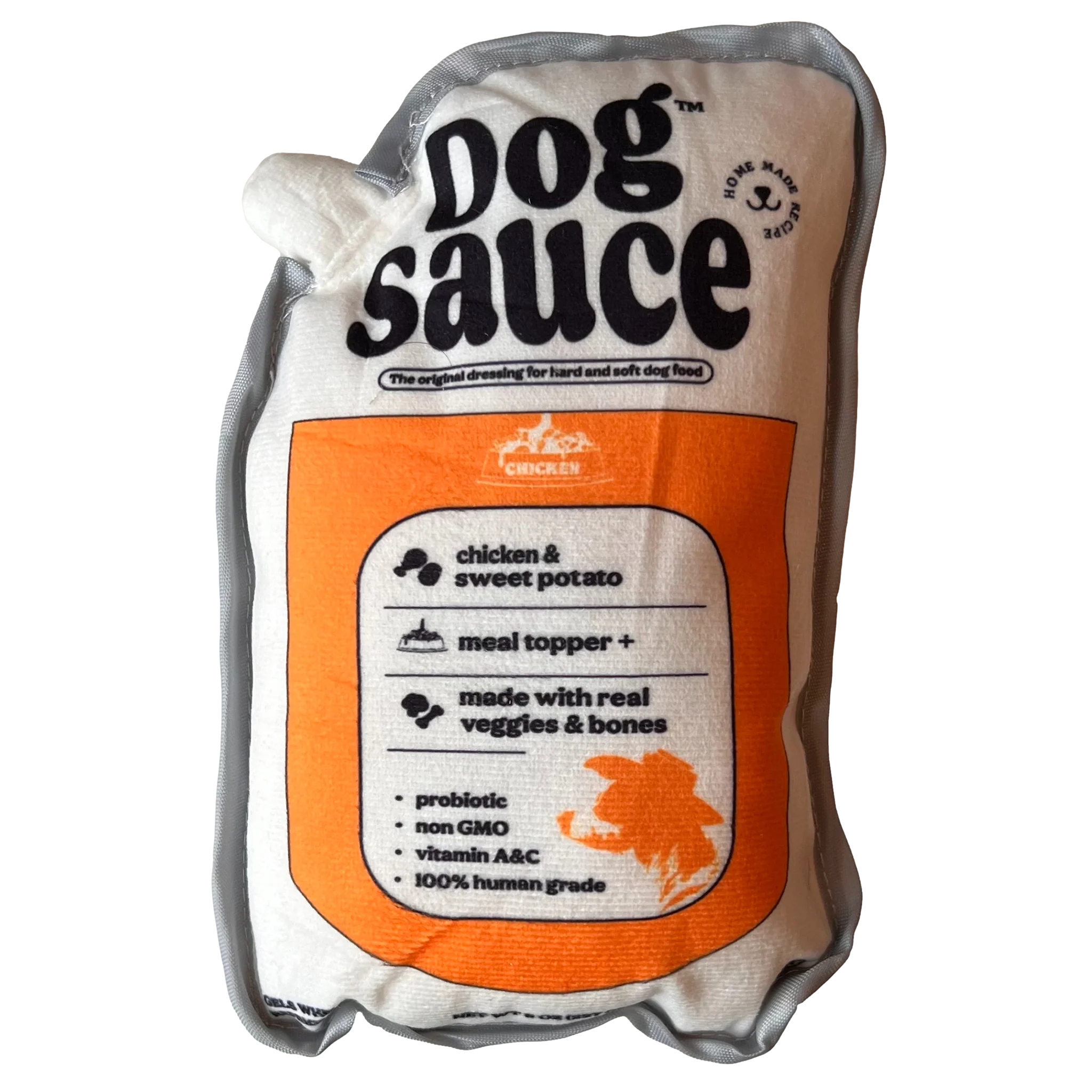 Dog sauce package with chicken and sweet potato details.