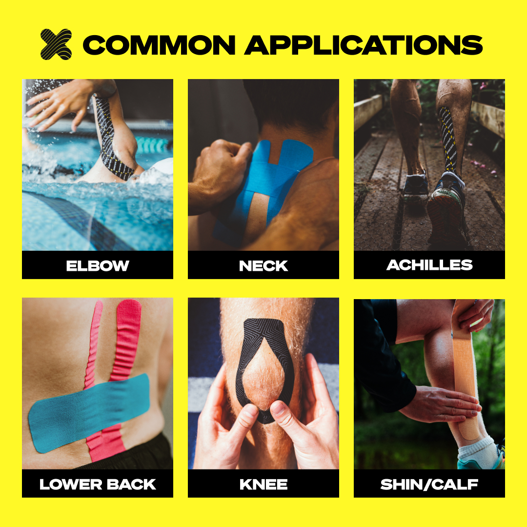 Images of kinesiology tape applications on elbow, neck, Achilles, lower back, knee, and shin/calf.
