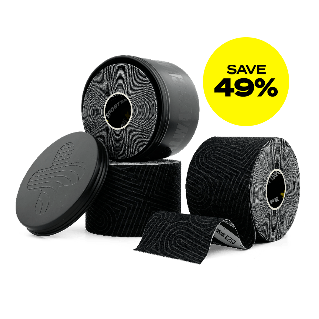 Black sports tape rolls with a 49% discount label.