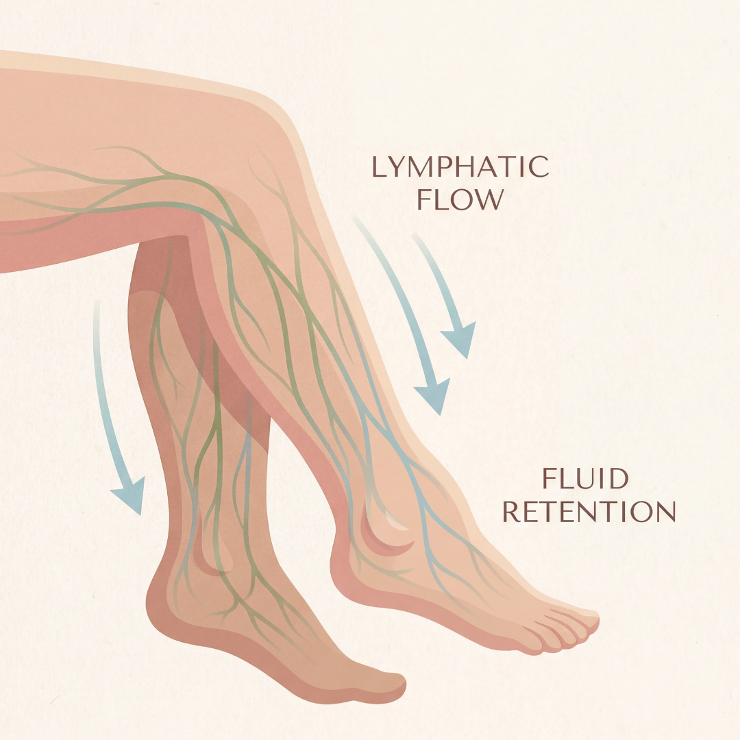 An illustration of lymphatic flow and fluid retention in the lower legs, showing the lymphatic vessels.