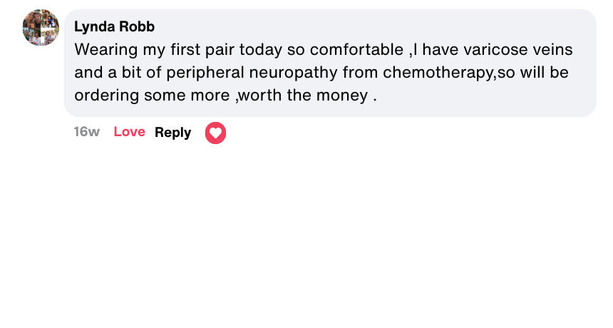 A social media comment praising comfortable footwear for varicose veins and neuropathy.