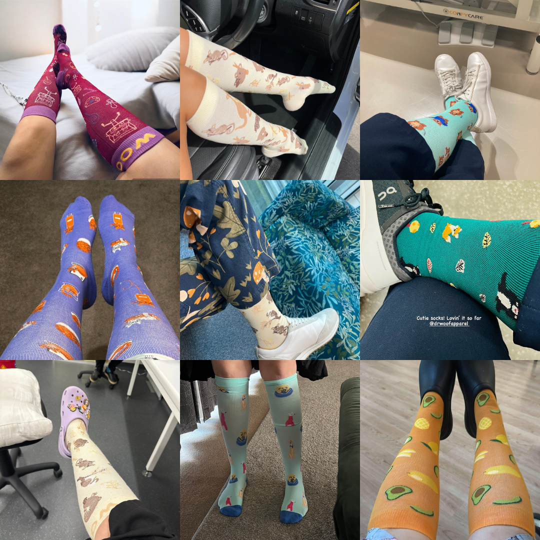 Collage of nine images showing colorful socks with various patterns and designs.