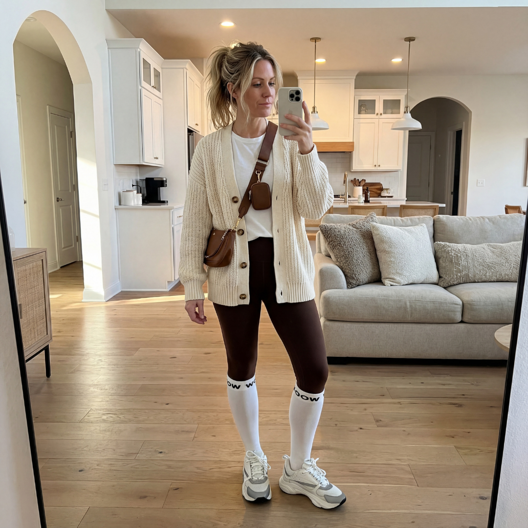 A woman in a cream cardigan, brown leggings, and white socks takes a mirror selfie at home.