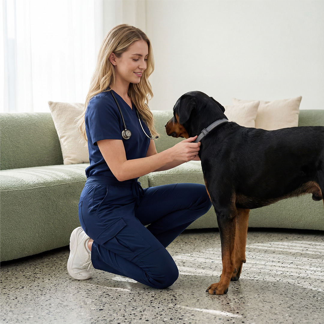 A female veterinarian in blue scrubs kneels down to adjust the collar of a large Rottweiler dog.