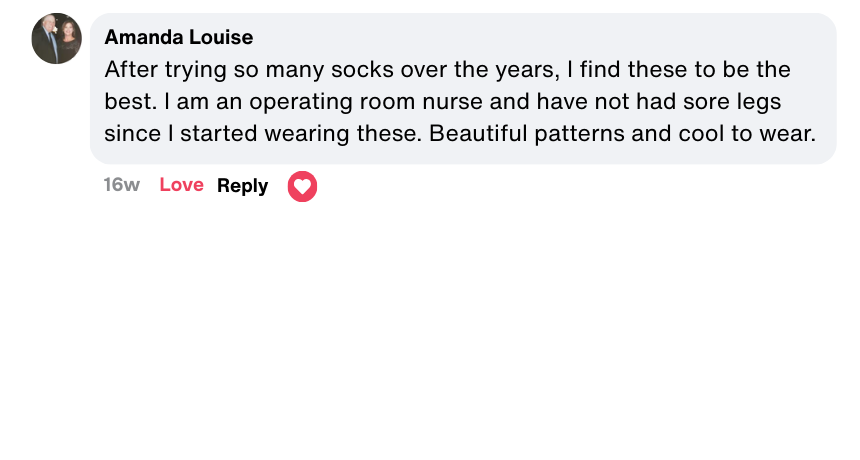 A social media comment praising socks for comfort and design, with a profile picture and engagement icons.