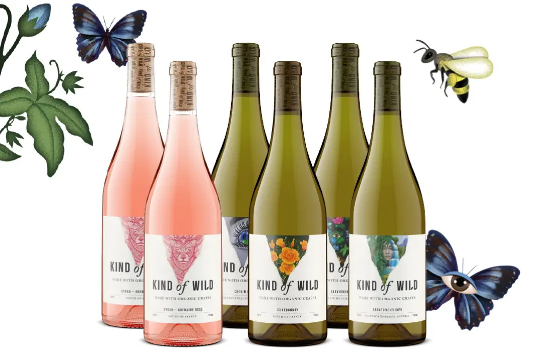 Six wine bottles with floral and animal motifs, surrounded by butterflies and a bee.