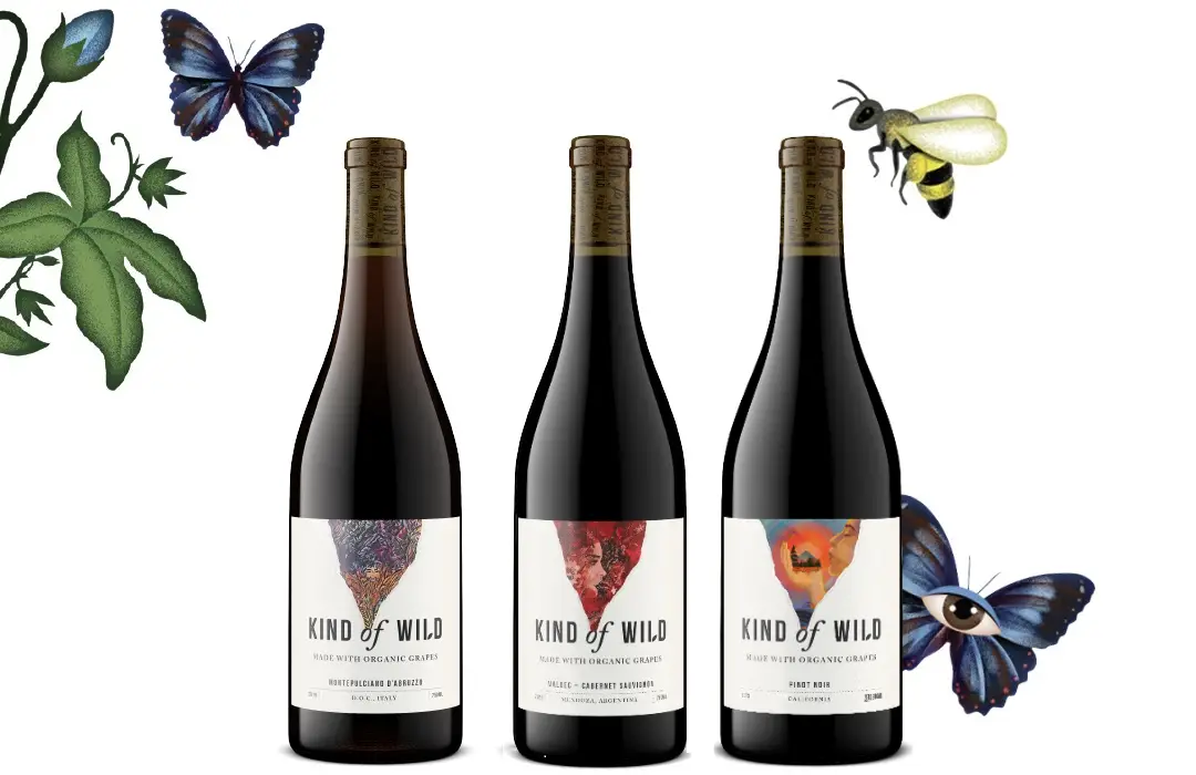 Three wine bottles with butterfly, bee, and plant illustrations.