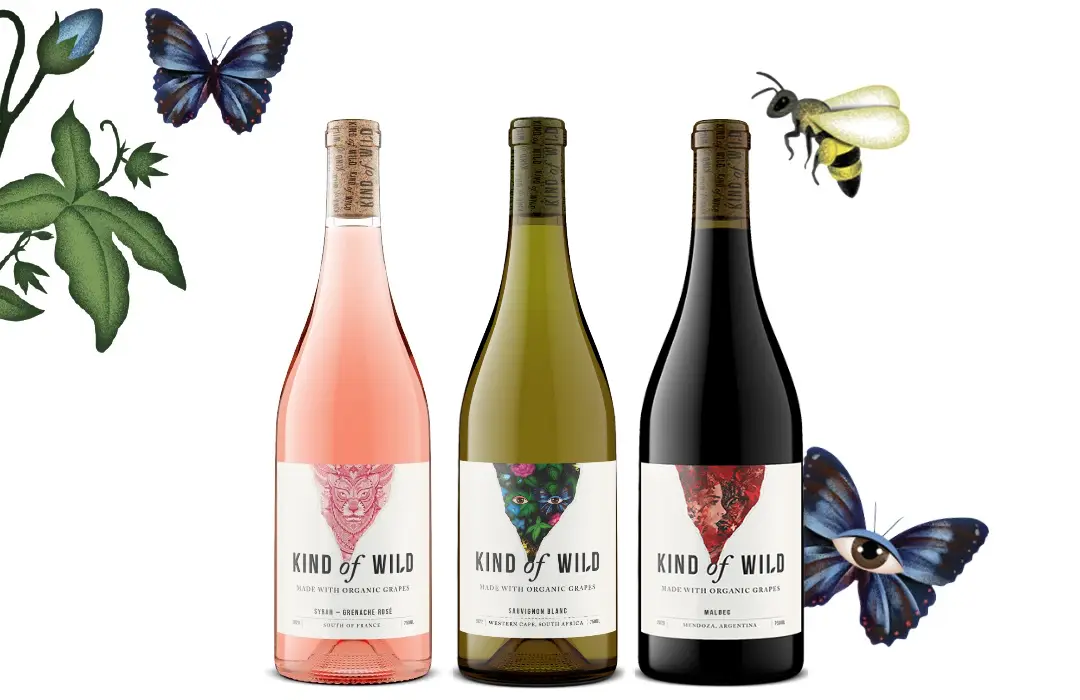 Three wine bottles with butterflies and a bee illustration.