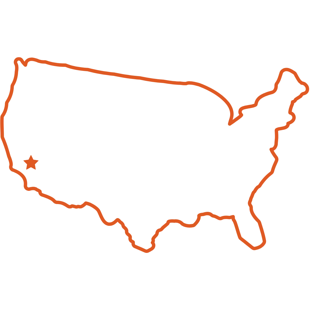 Outline of the United States with an orange border and a star in the southwest.
