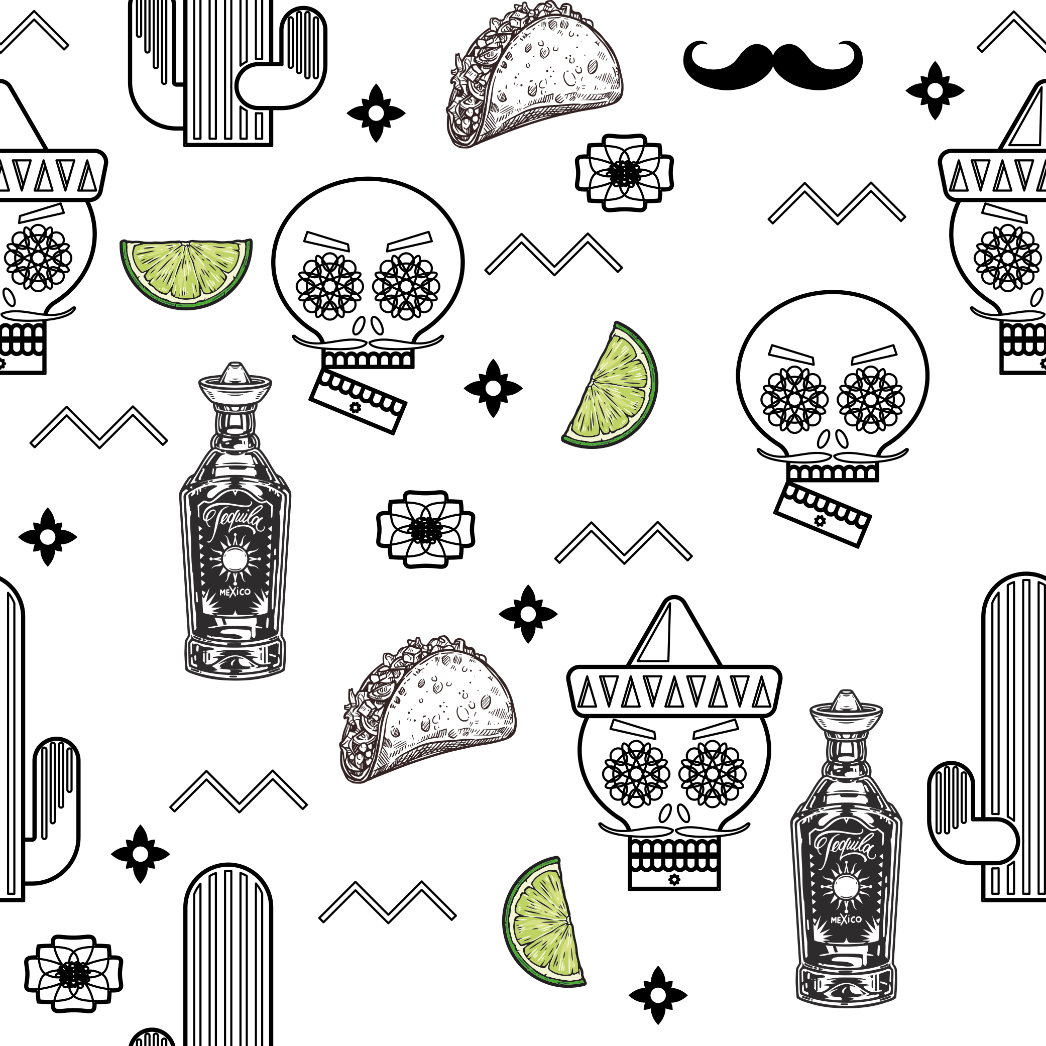 Pattern with skulls, tacos, tequila bottles, lime slices, and cacti.