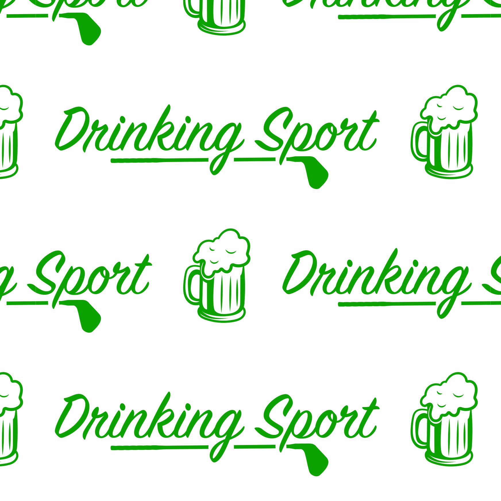 Pattern of green text 'Drinking Sport' with beer mugs on white background.