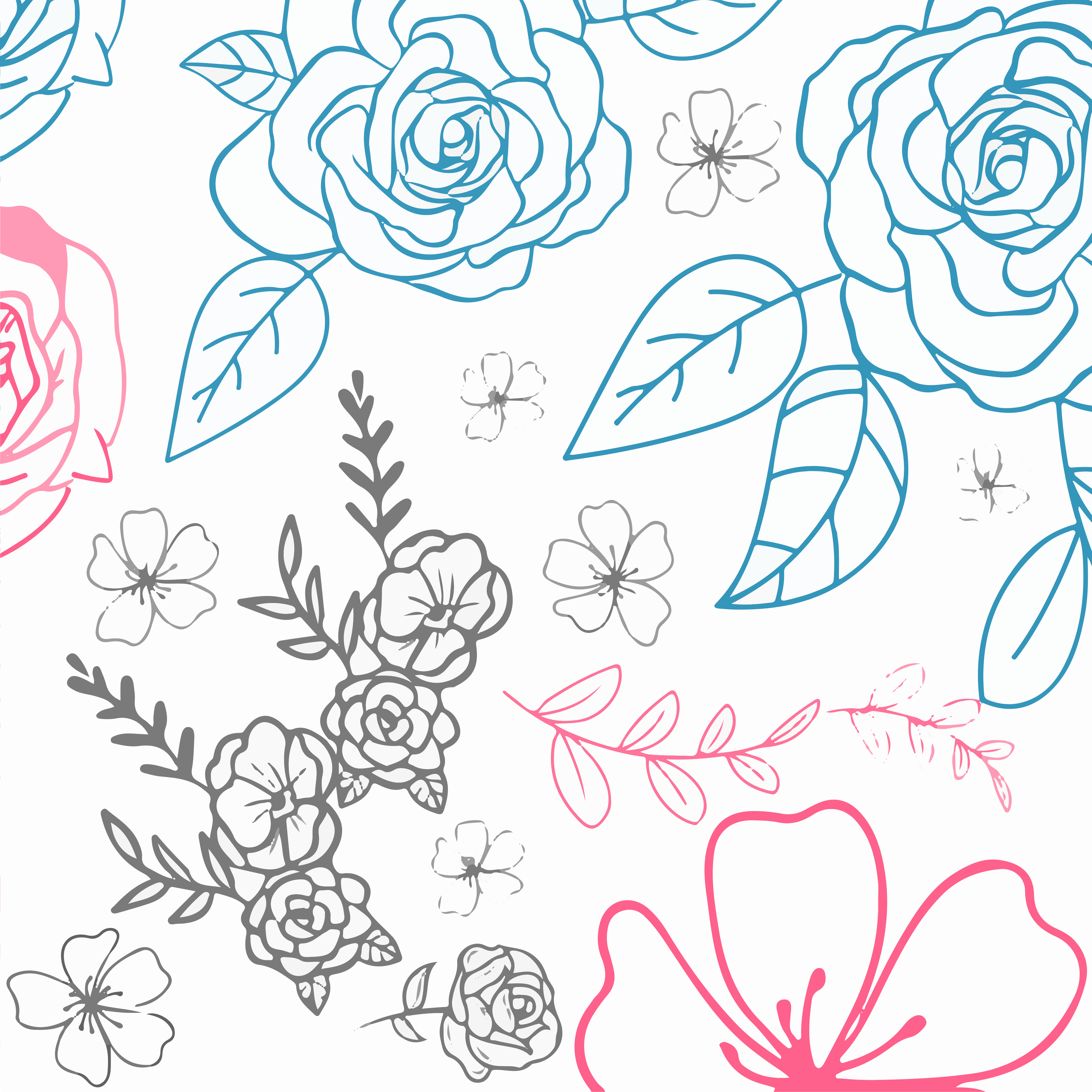 Floral pattern with blue, pink, and gray outlined flowers and leaves.