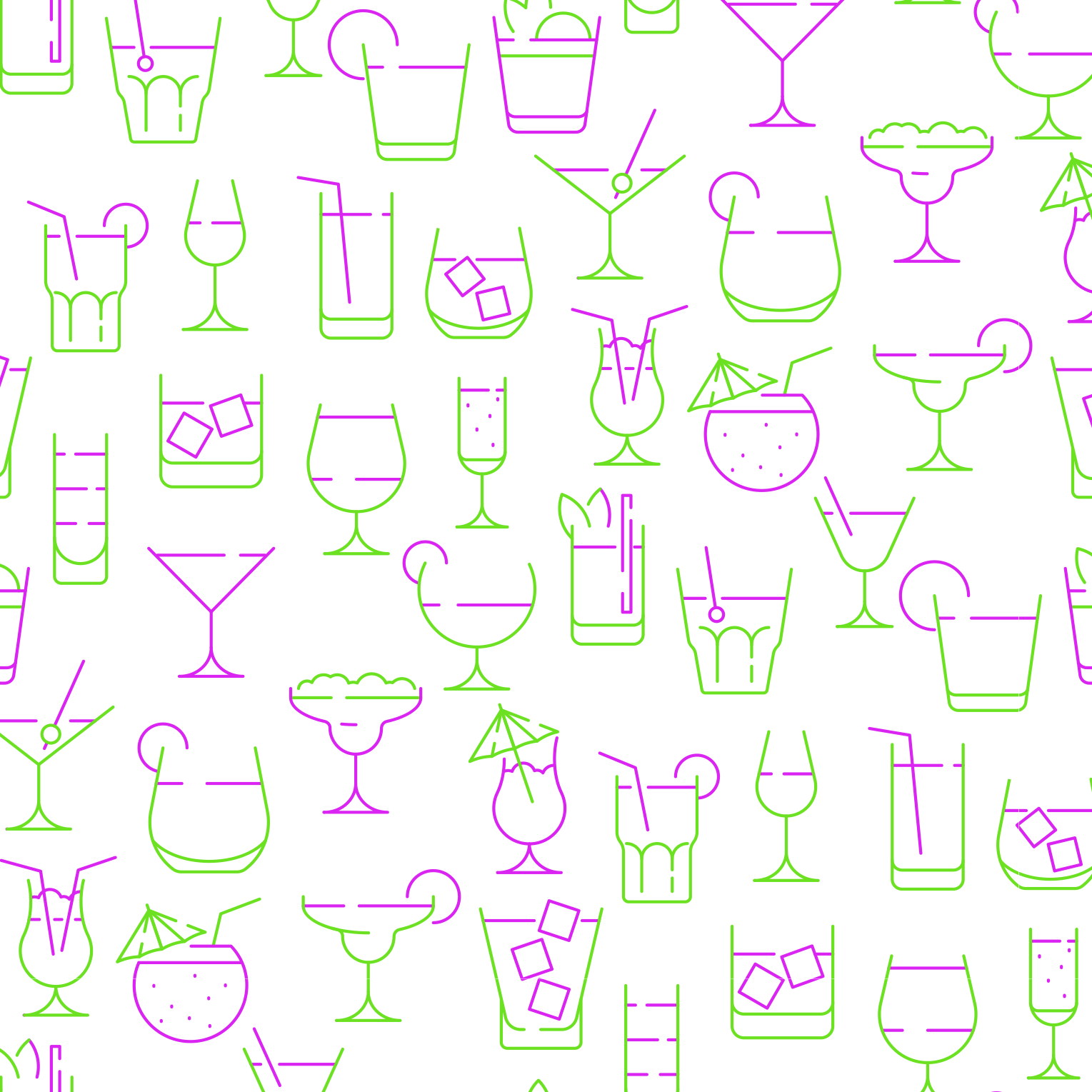 Pattern of colorful cocktail glass outlines on a white background.