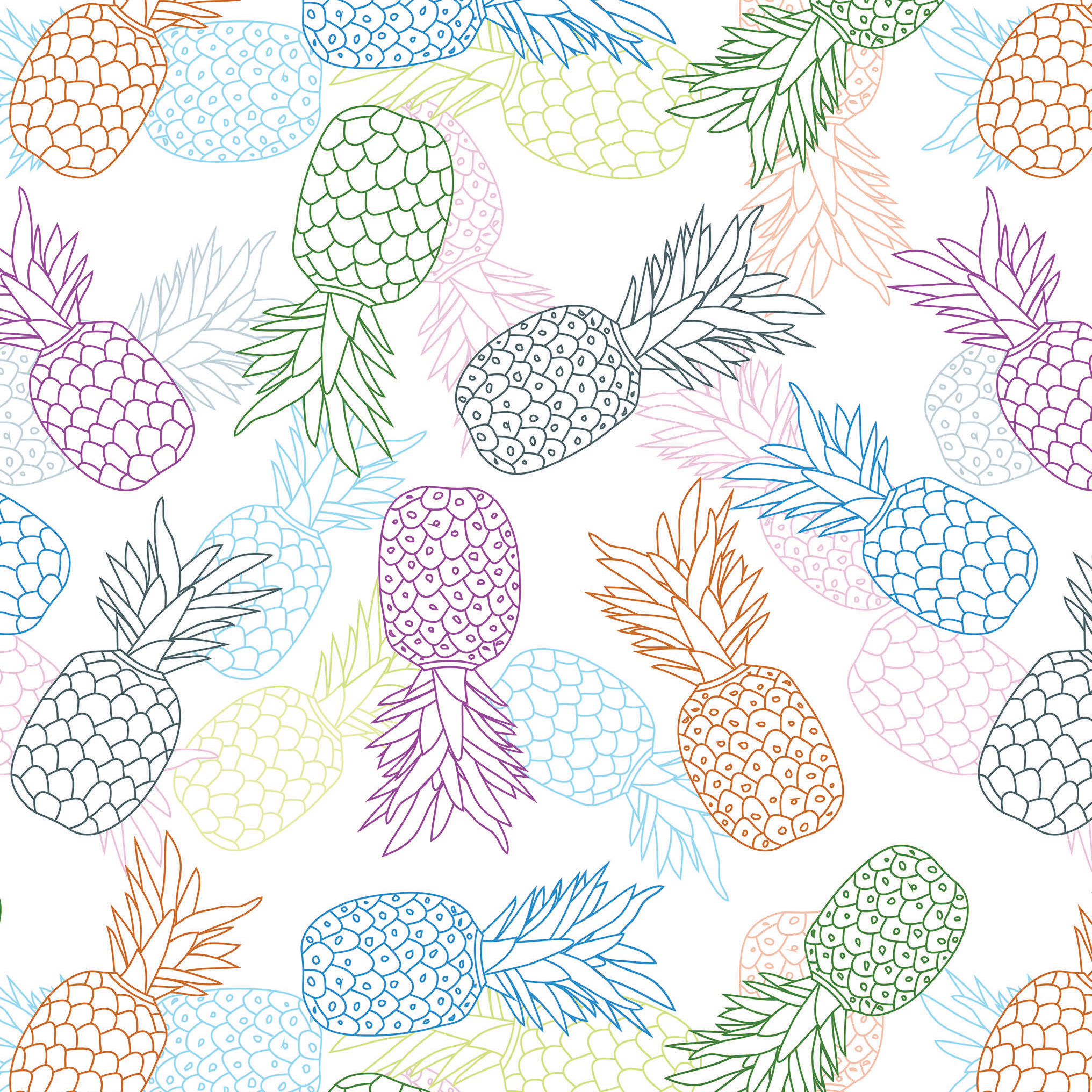 Colorful outline drawings of pineapples on a white background.