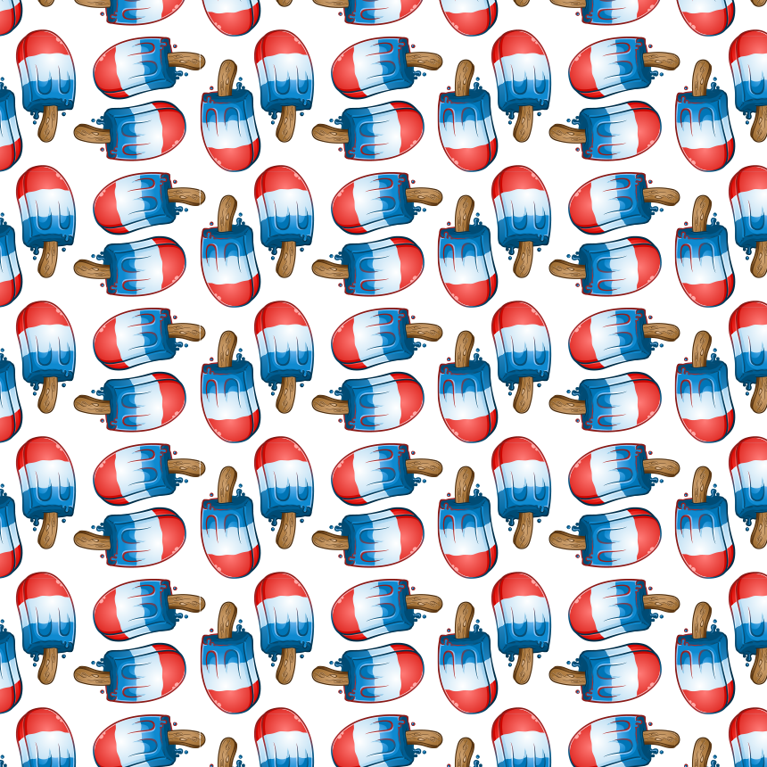 Pattern of red, white, and blue popsicles on a white background.