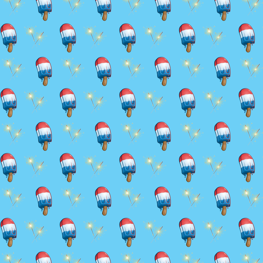 Pattern of red, white, and blue popsicles with sparklers on a blue background.
