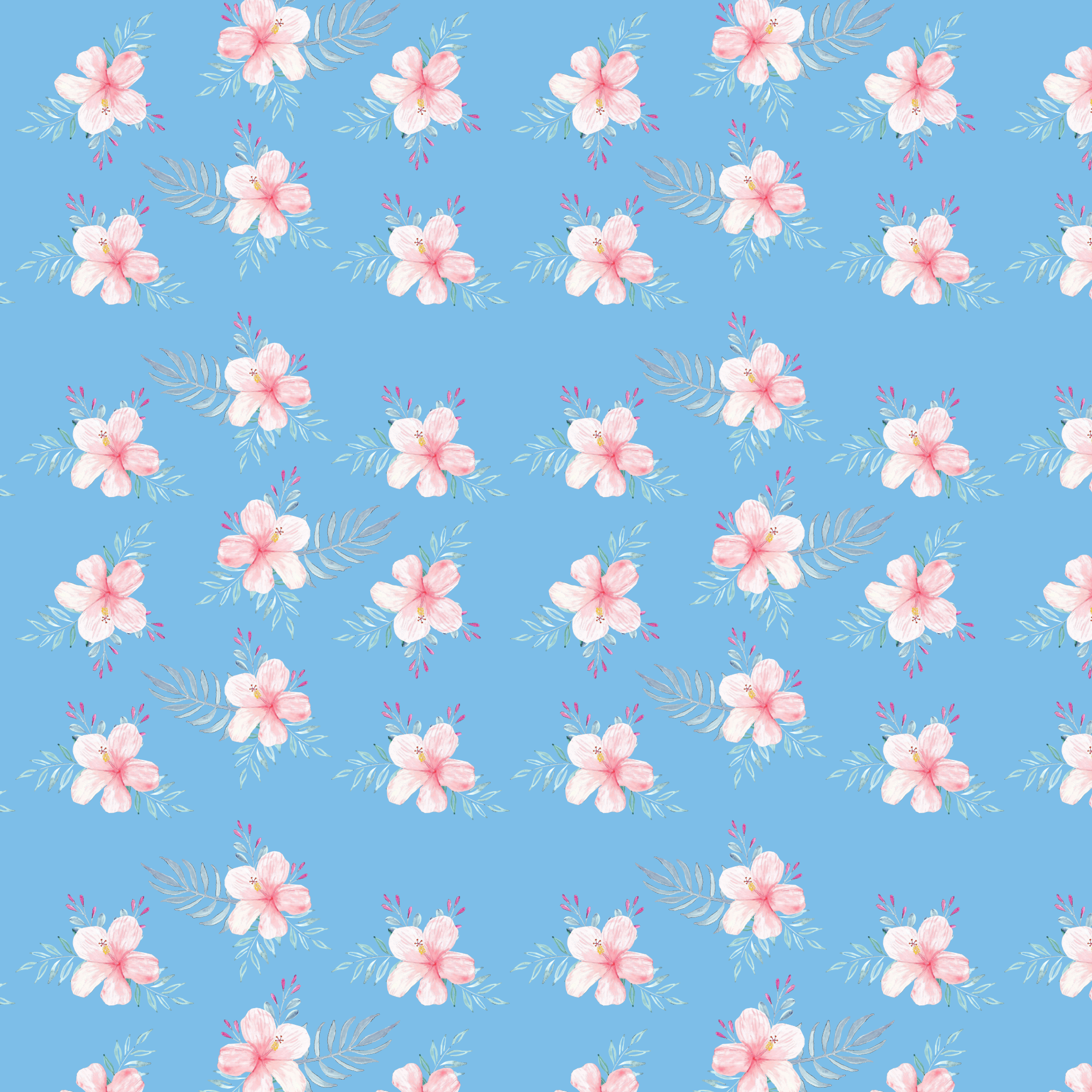 Pattern of pink flowers and leaves on a blue background.