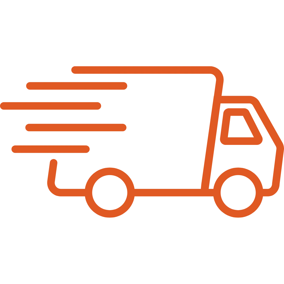 Orange outline of a delivery truck with motion lines.