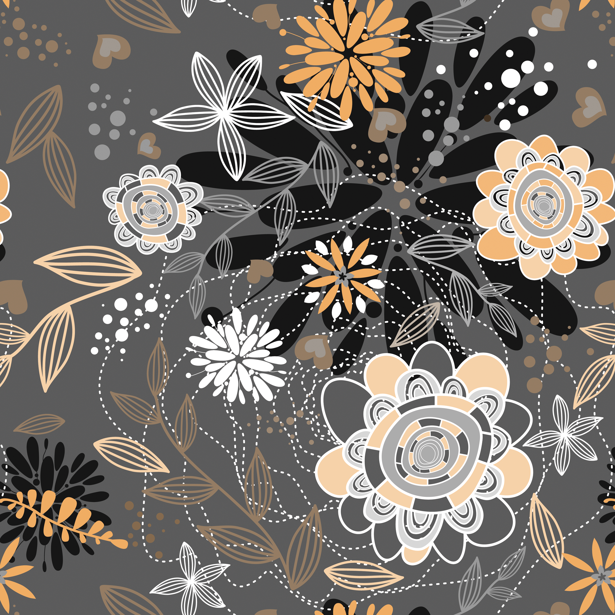 Abstract floral pattern with orange, white, and black flowers on a gray background.