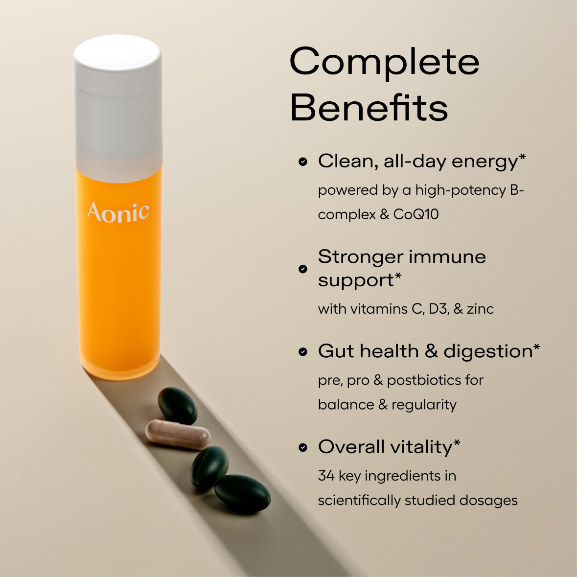 A bottle of Aonic supplements with four pills and a list of benefits on a tan background.