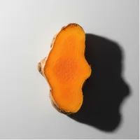 Slice of turmeric root on a light surface with shadow.