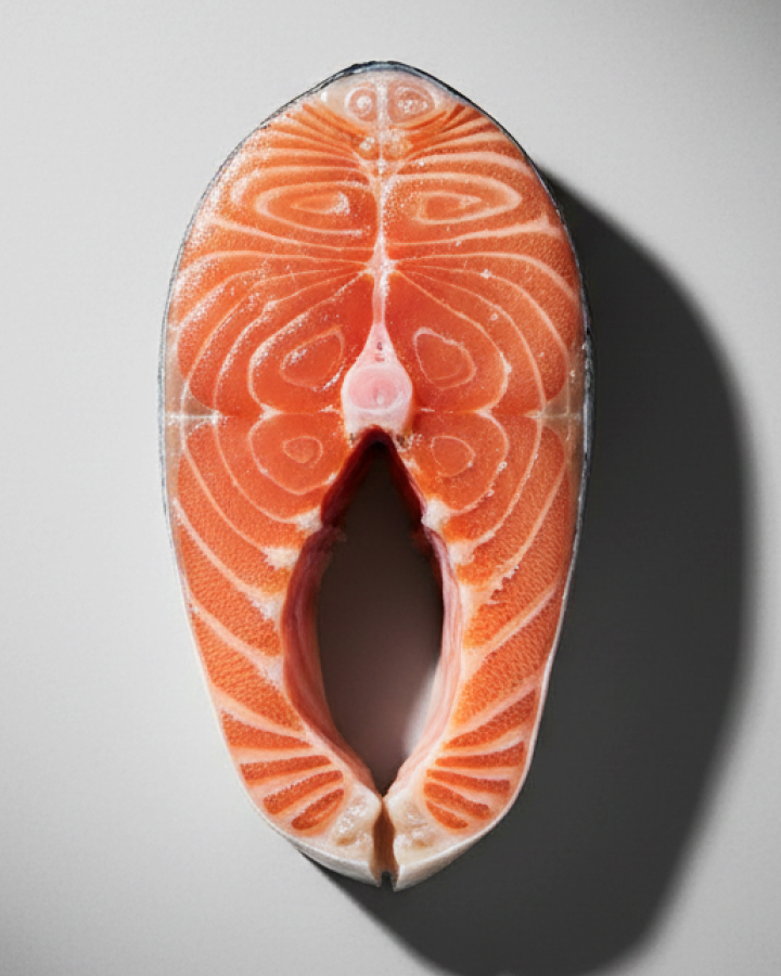 Close-up of a sliced salmon fillet with visible texture and pattern.