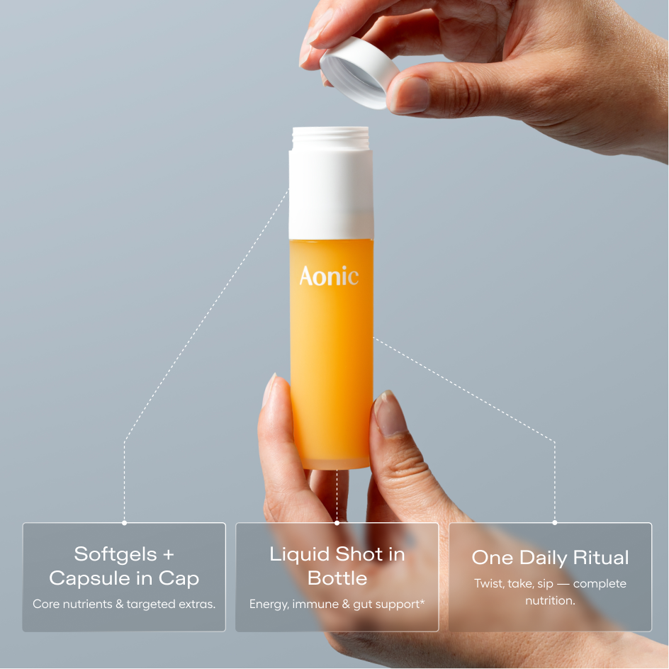 Hands open an Aonic supplement bottle, with text explaining it contains a liquid shot and capsules in the cap.
