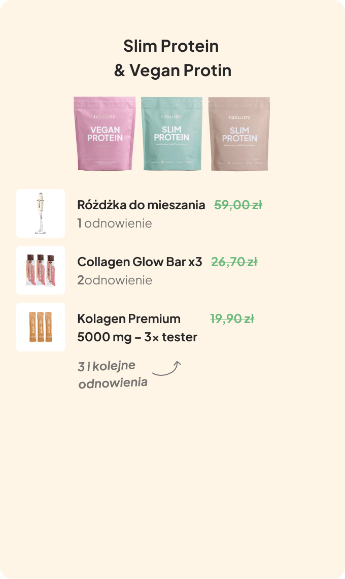 Product display with protein powders and collagen bars, prices in Polish zloty.