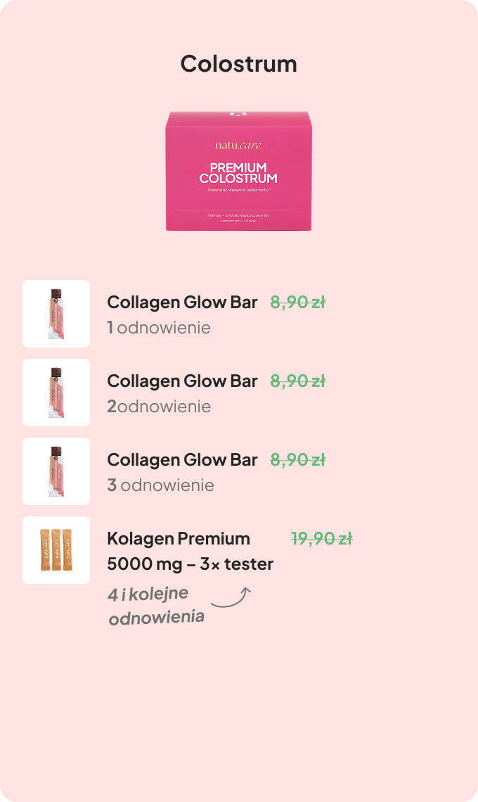 Product list with images and prices for collagen and colostrum items.