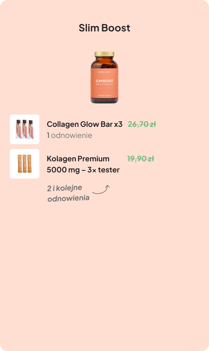 Product display with Slim Boost bottle and collagen bars.
