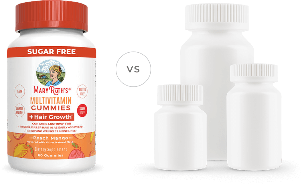 Comparison of MaryRuth's multivitamin gummies and three blank white bottles.
