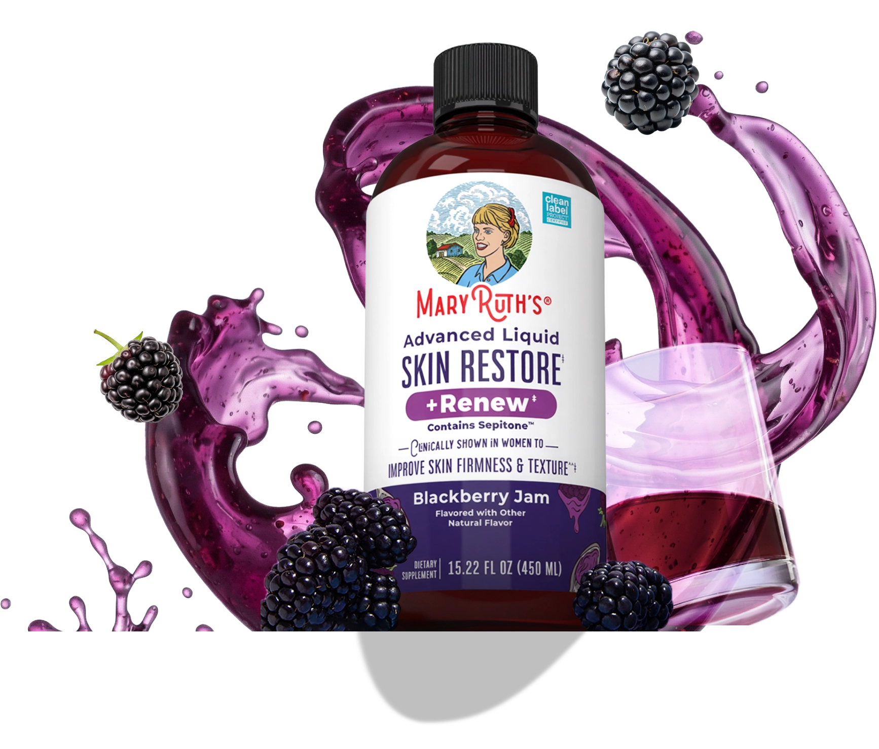 A bottle of Mary Ruth's Skin Restore liquid supplement surrounded by blackberries and a splash of purple liquid.