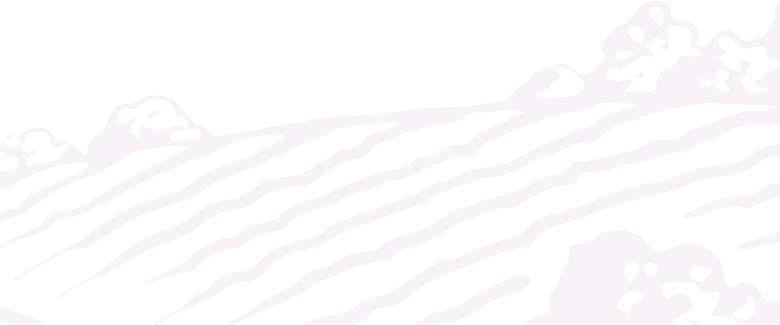 Black and white illustration of a hilly landscape with wavy lines and abstract shapes.