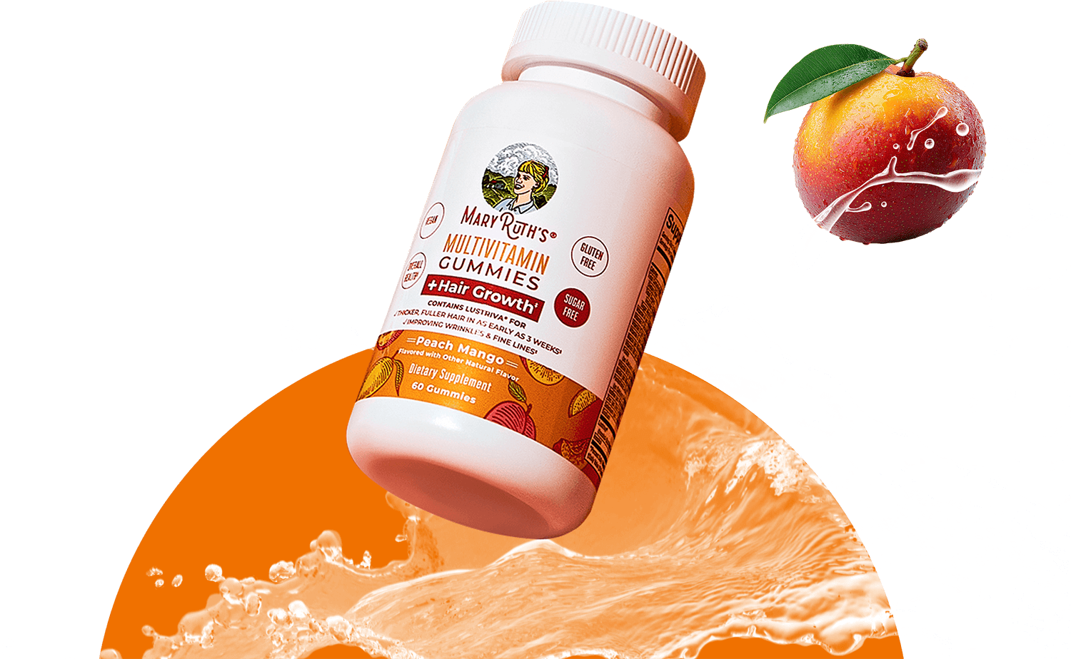 Bottle of multivitamin gummies with peach and cherry illustrations.