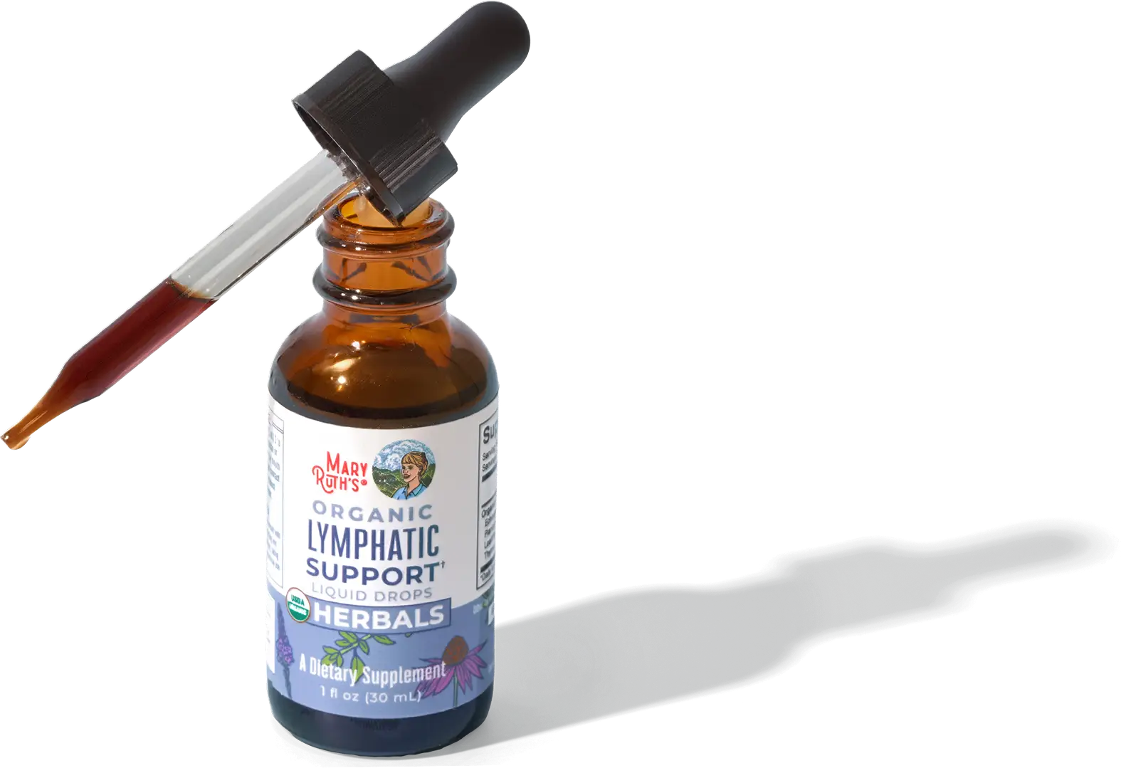 A bottle of Mary Ruth's Organic Lymphatic Support drops with a dropper resting on the open top.